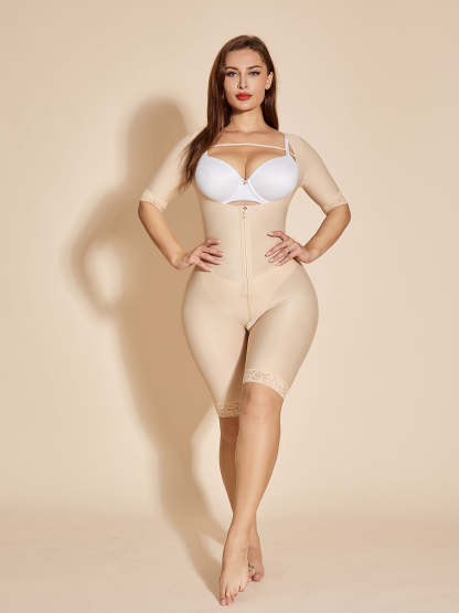 Long Sleeve Shapewear Open Bust Tummy Control Bodysuit - Tan