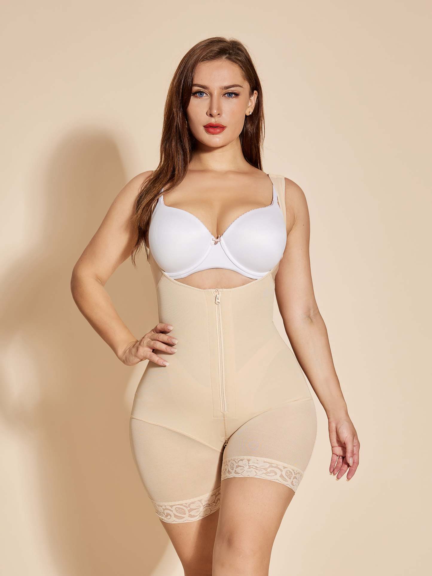Tummy Control Body Shaper Women Open Bust Bodysuit - Tan