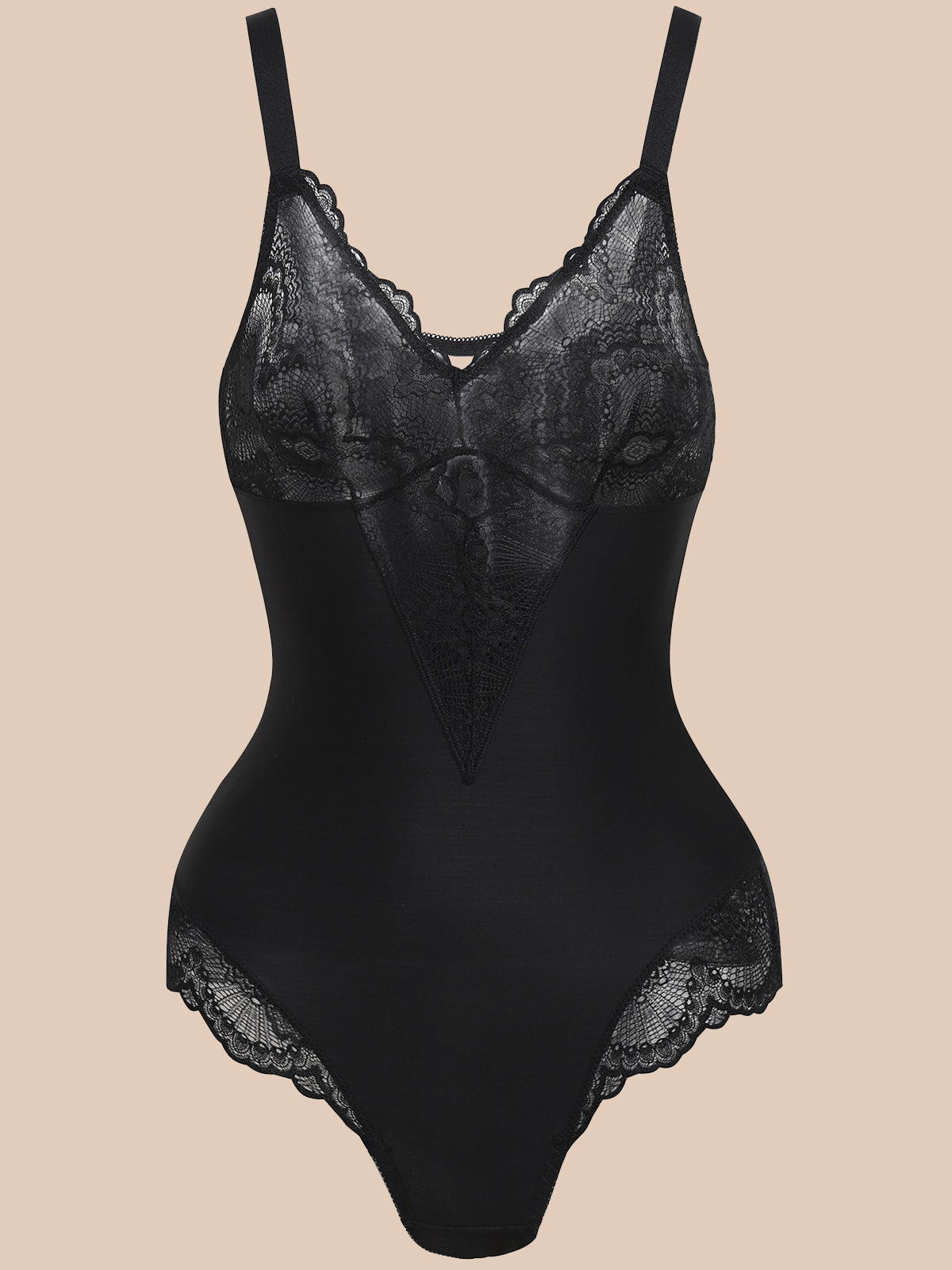Lace Shapewear V-neck Bodysuit Tummy Control Backless Body Shaper - Black