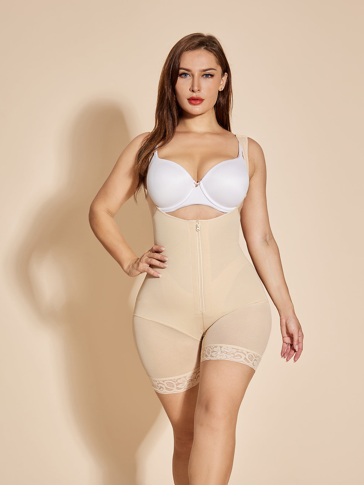Tummy Control Body Shaper Women Open Bust Bodysuit - Tan