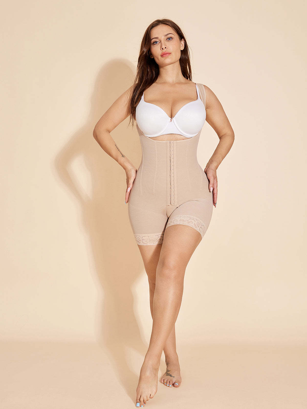 Open Bust Compression Shapewear Slimming Tummy Tuck Faja with Zipper - Tan
