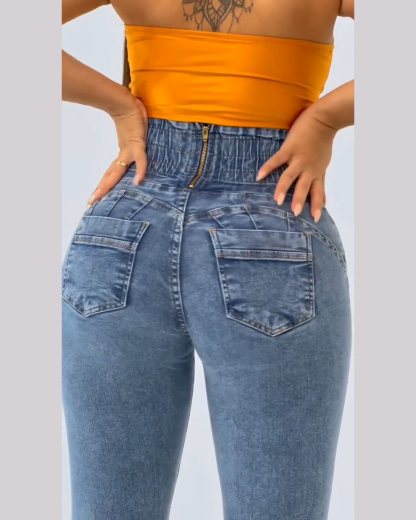 Curved Color Block Wide Waist Stretch Jeans