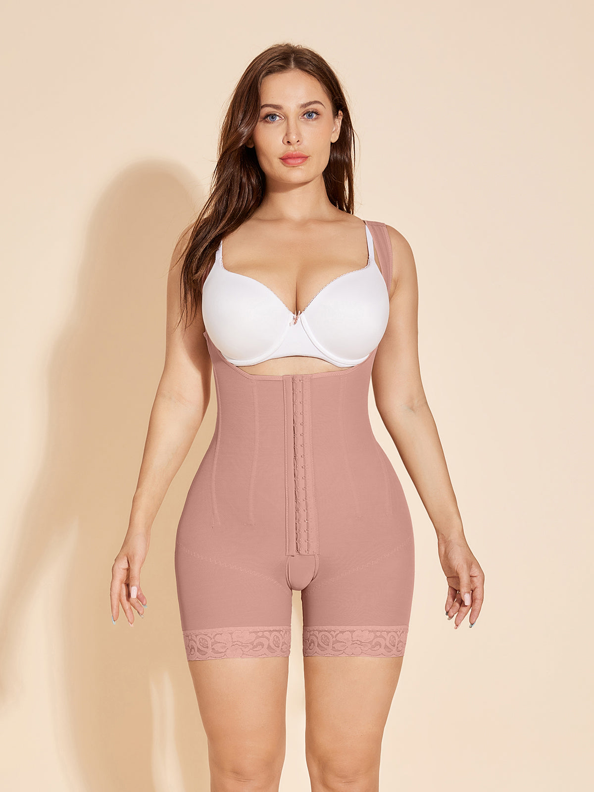 Open Bust Compression Shapewear Slimming Tummy Tuck Faja with Zipper - RosyBrown