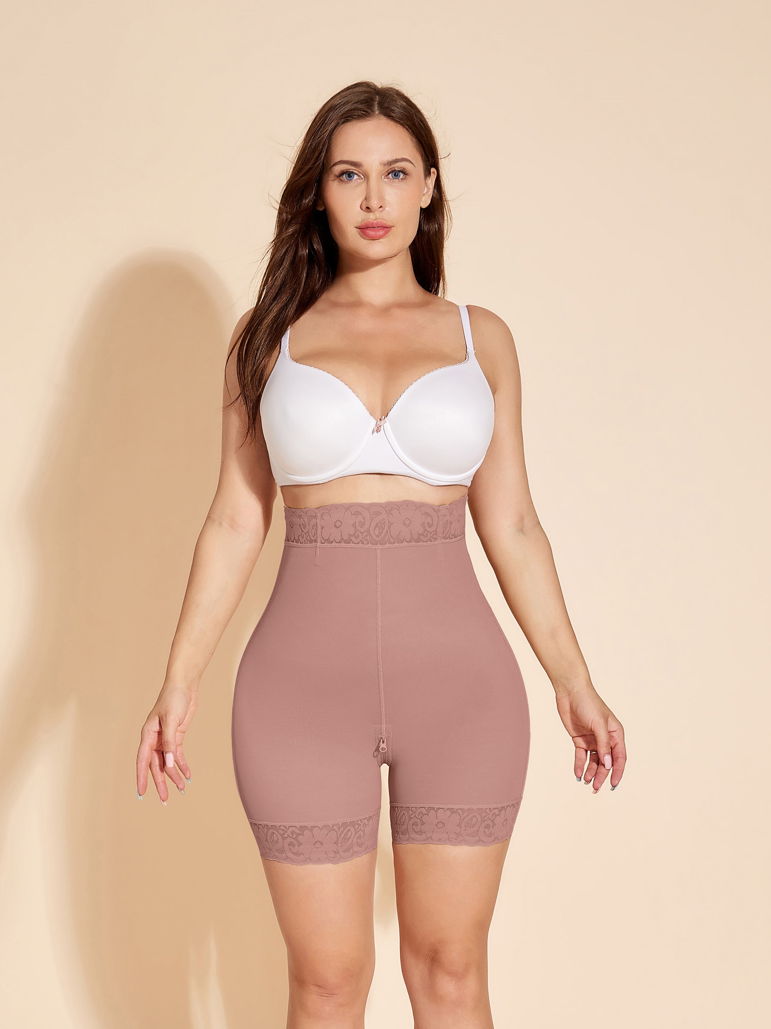 ChicCurve Crotch with zipper High Waist Shapewear Shorts - Rosy Brown