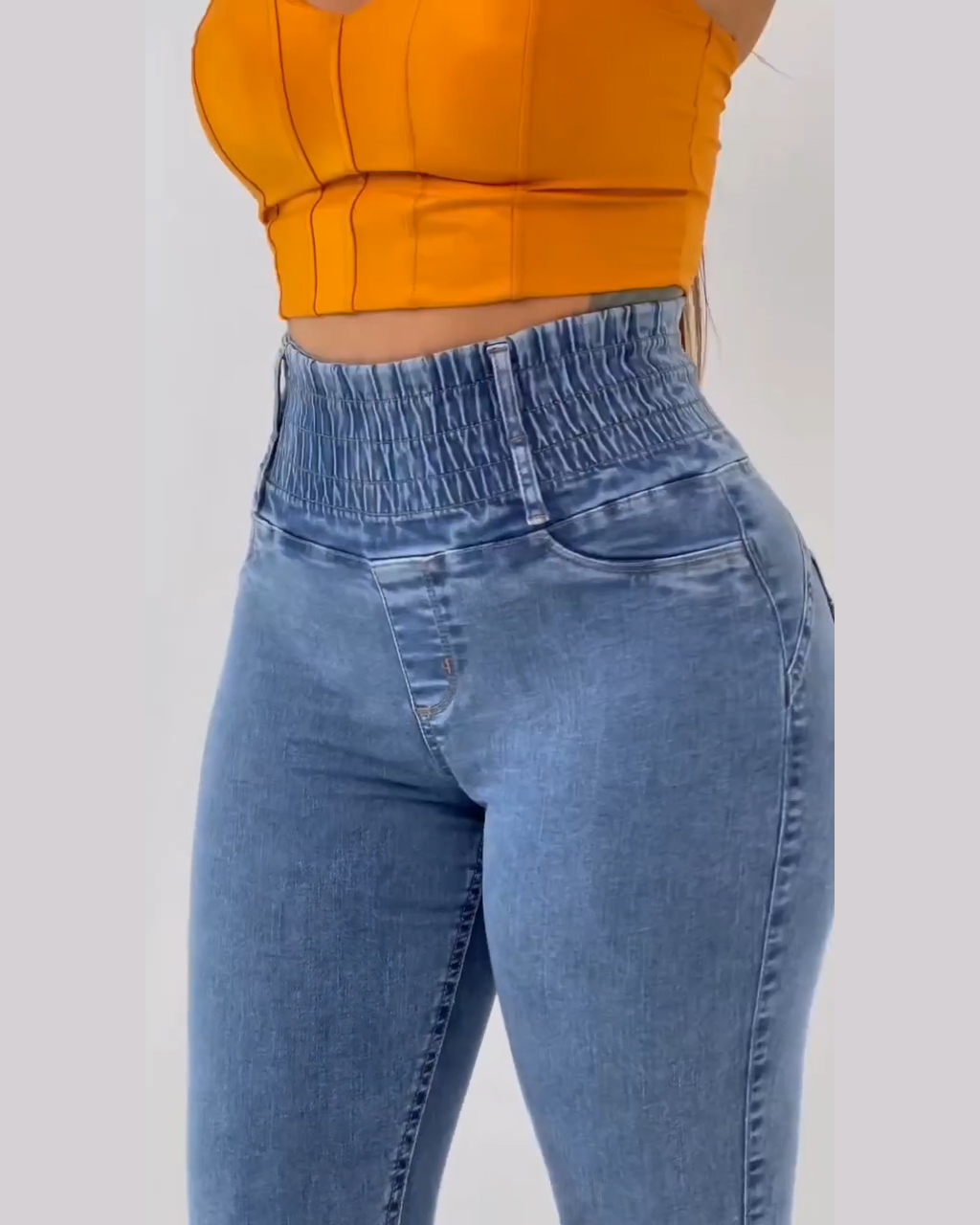 Curved Color Block Wide Waist Stretch Jeans