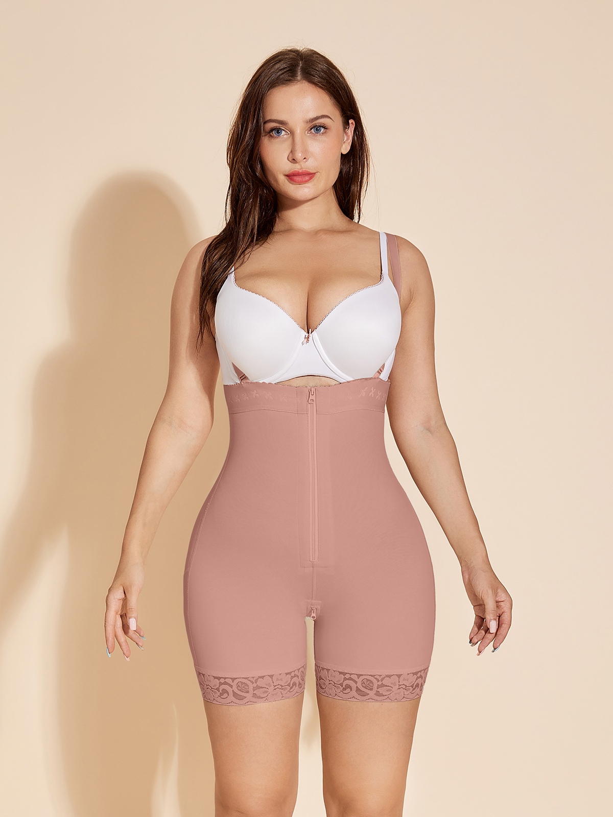 Fajas Colombianas Compression Shapewear Open Bust Tummy Control with Zipper - Tan