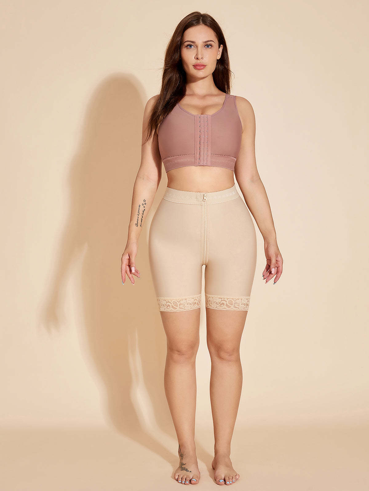 High Waisted Butt Lifter Tummy Tuck Shapewear Shorts Fajas Colombianas with Zipper - Tan