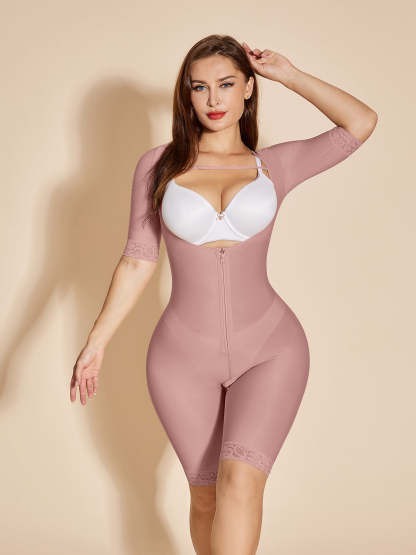 Long Sleeve Shapewear Open Bust Tummy Control Bodysuit - RosyBrown