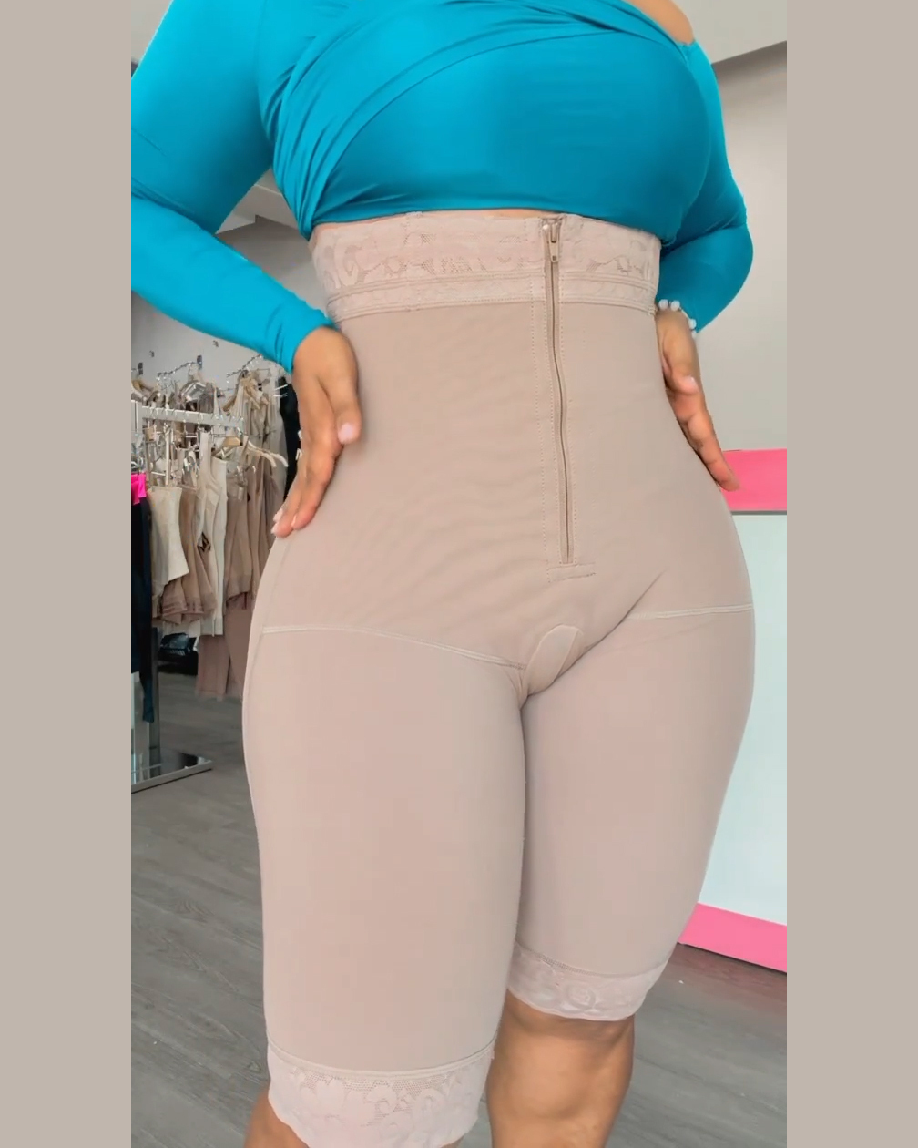 Lace High Compression Tummy Control Shorts with Zipper Front