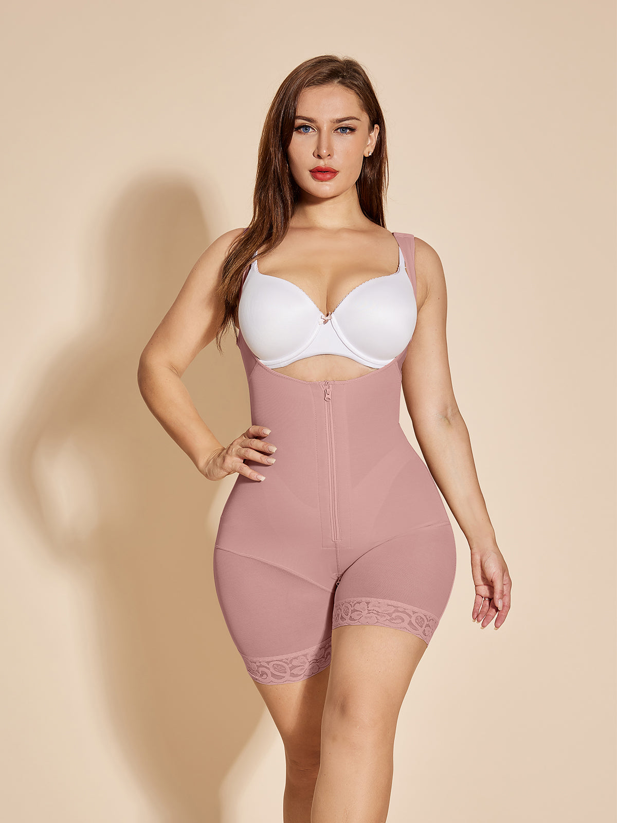 Tummy Control Body Shaper Women Open Bust Bodysuit - RosyBrown