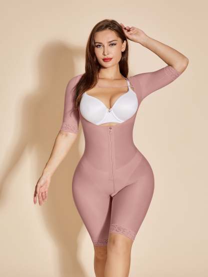 Long Sleeve Shapewear Open Bust Tummy Control Bodysuit - RosyBrown