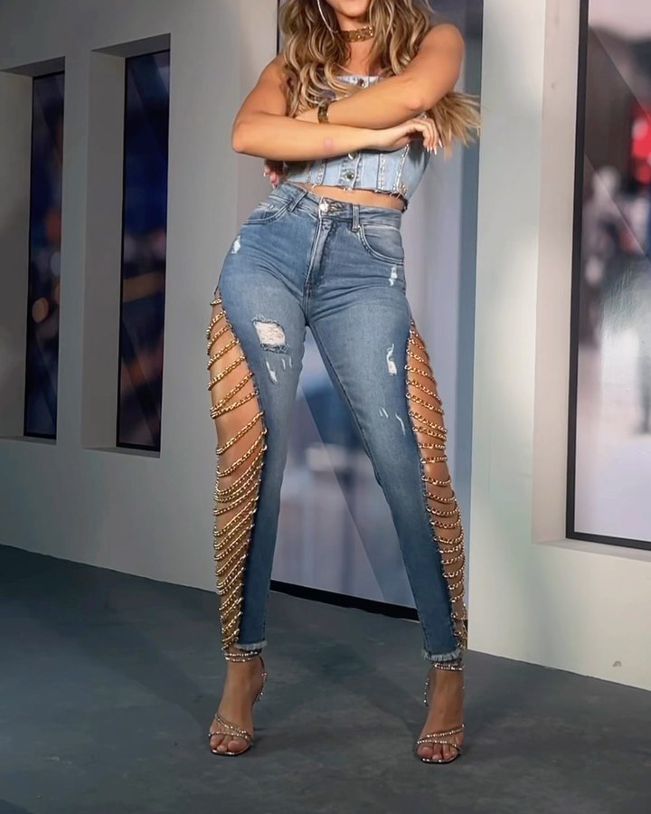 Women's Big Hole Chain Skinny Jeans