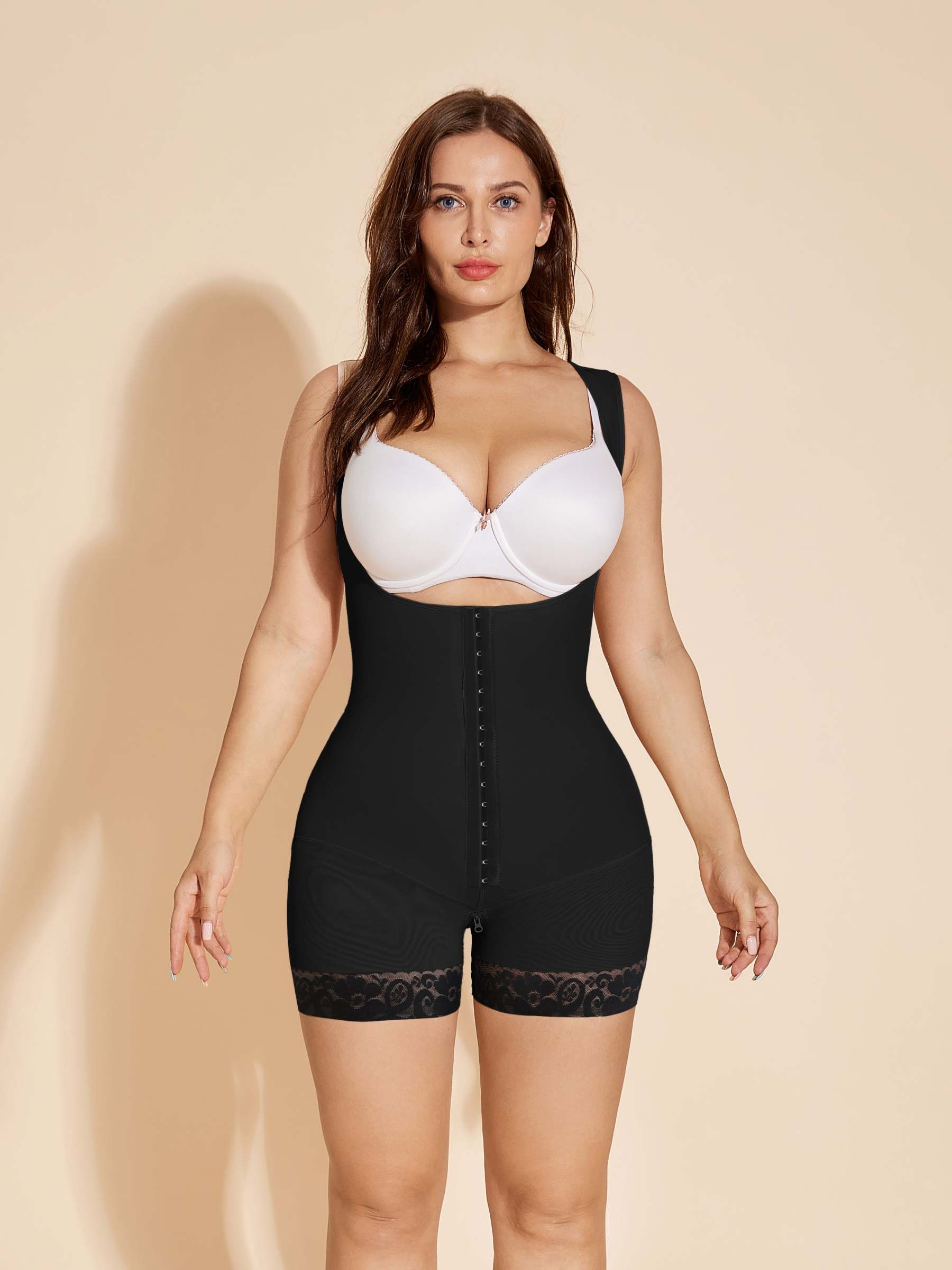 Stage 2 Fajas Colombianas High Compression Tummy Control Body Shaper Adjustable Hook-eye Open Bust Bodysuit - Black