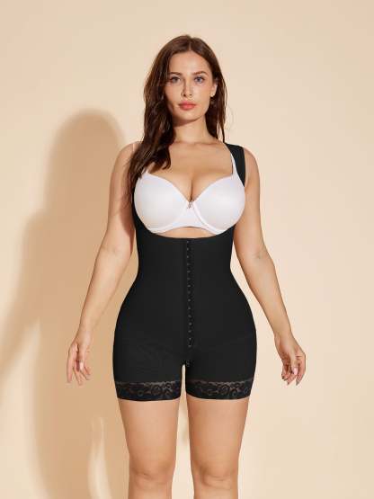 Stage 2 Fajas Colombianas High Compression Tummy Control Body Shaper Adjustable Hook-eye Open Bust Bodysuit - Black