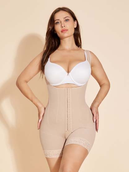 Open Bust Compression Shapewear Slimming Tummy Tuck Faja with Zipper - Tan