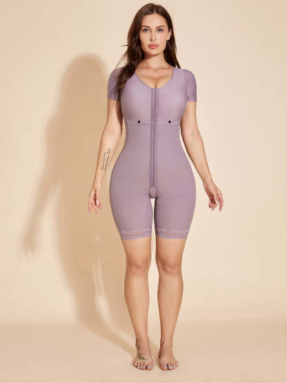 Short Sleeve Breastfeeding Shapewear Full Control Women Bodysuit - Purple