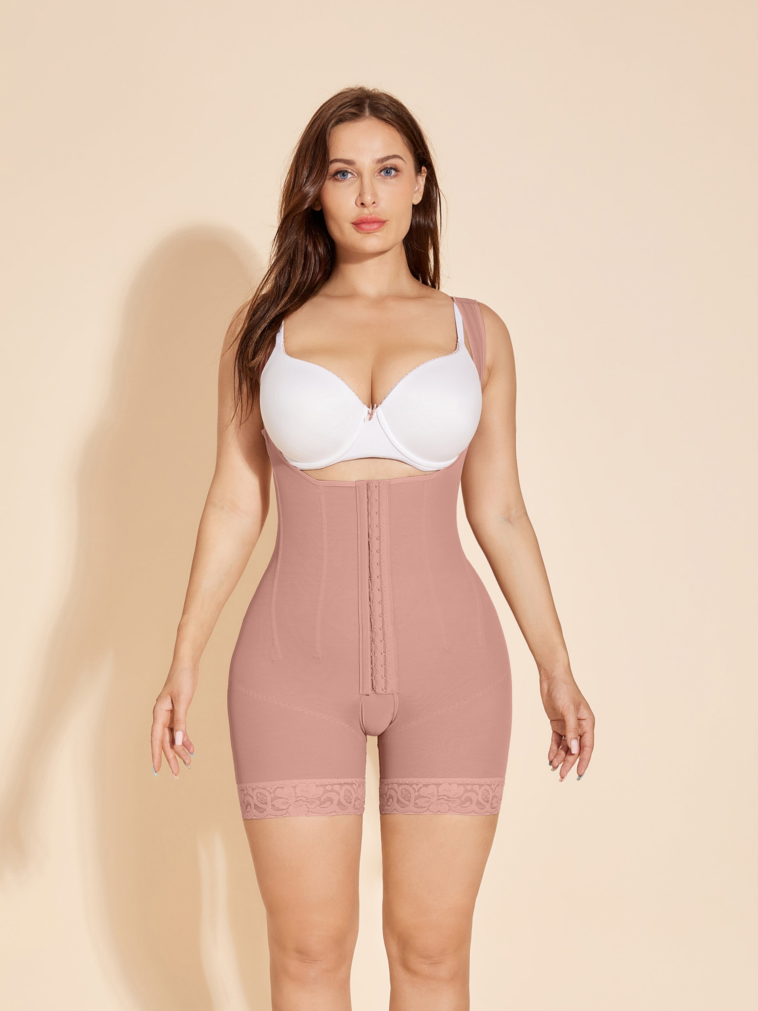 Open Bust Compression Shapewear Slimming Tummy Tuck Faja with Zipper - RosyBrown