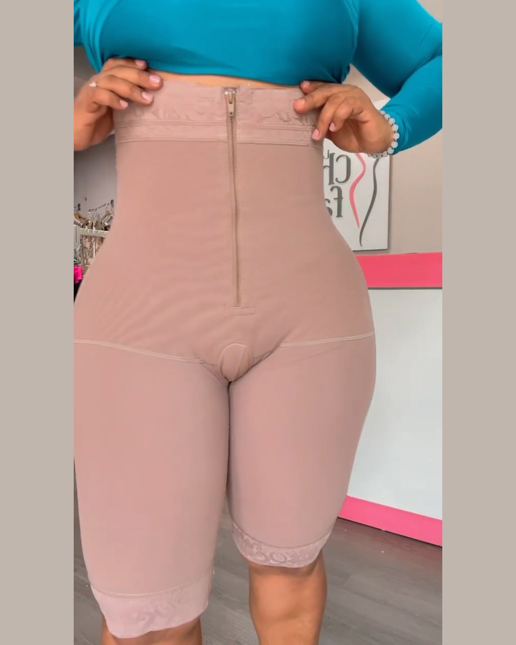 Lace High Compression Tummy Control Shorts with Zipper Front