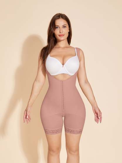 Open Bust Tummy Compression Body Shaper Boyshort with Butt Lift - RosyBrown