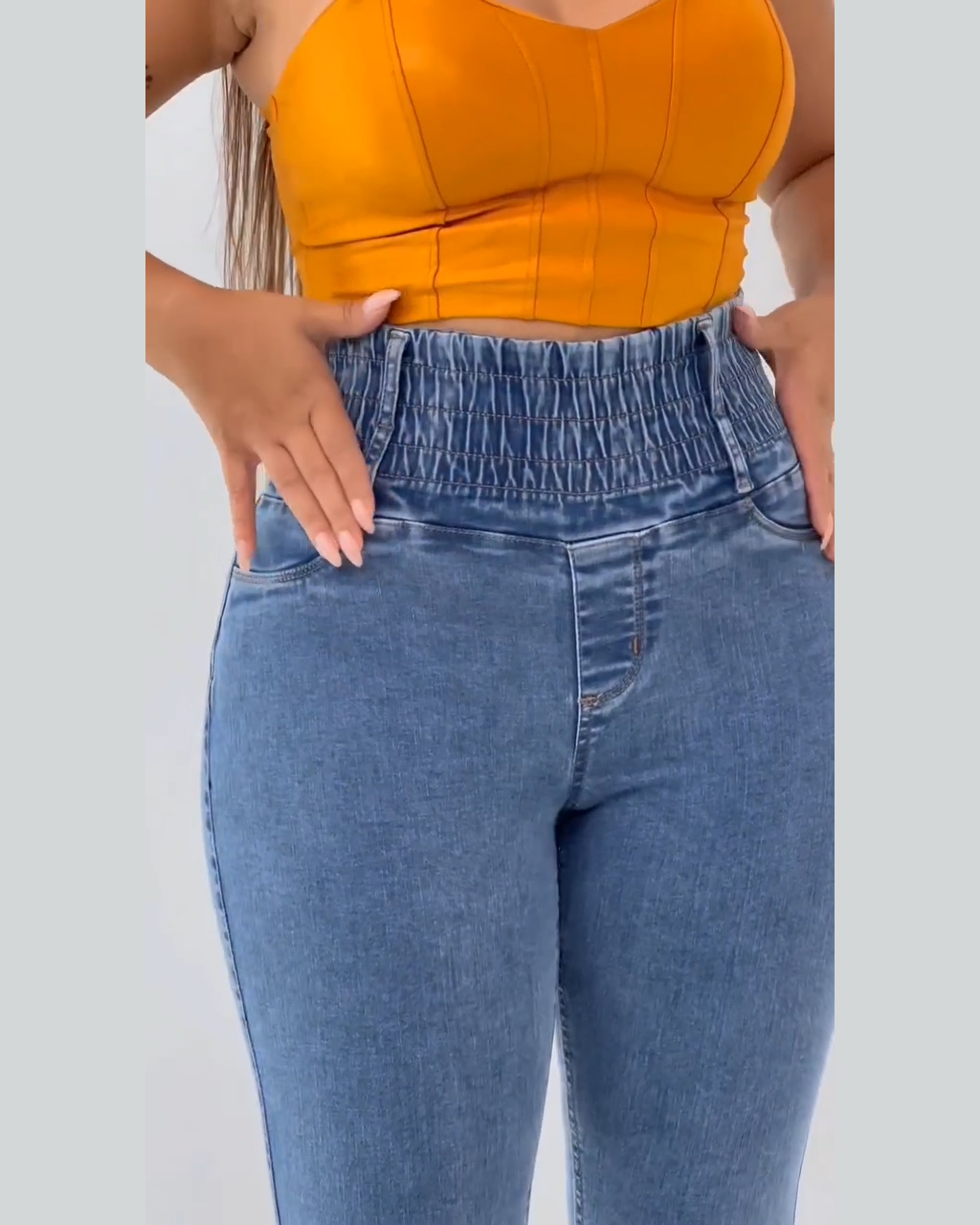 Curved Color Block Wide Waist Stretch Jeans