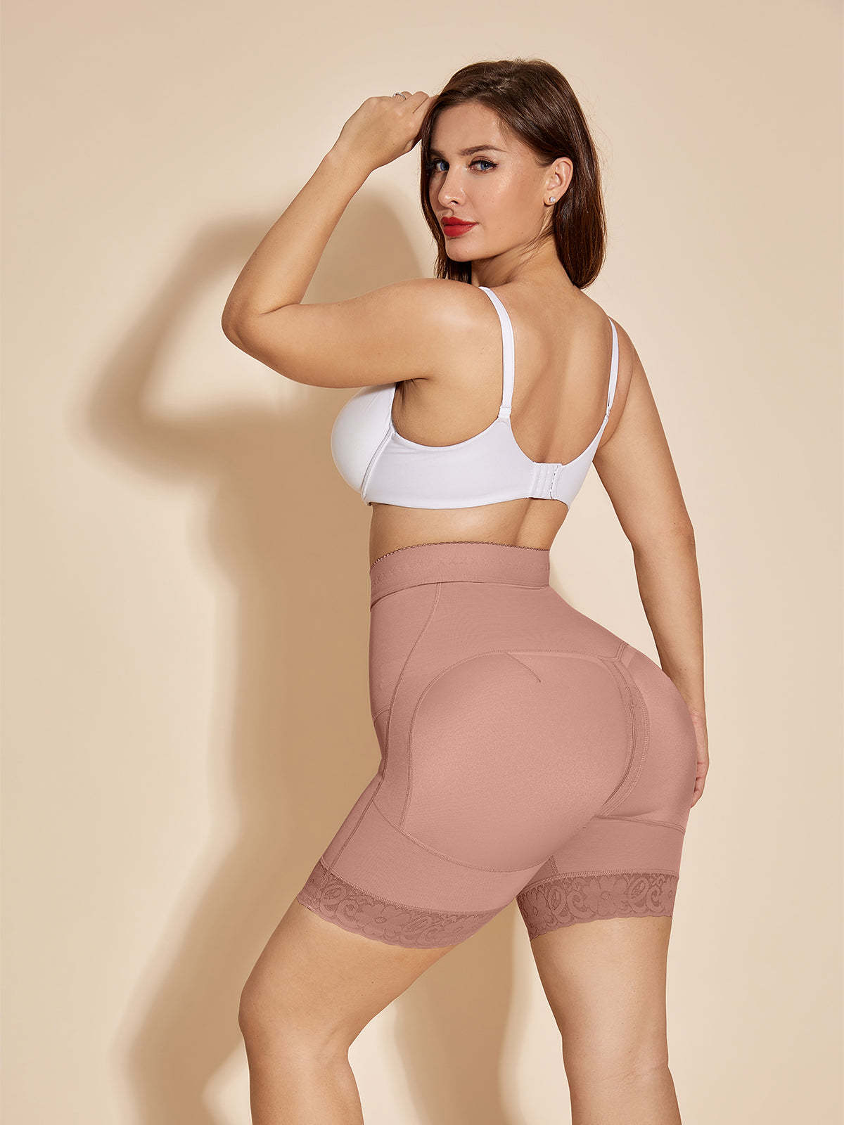 High Waist Women Booty Lifter Bodysuit Thigh Control Shorts - RosyBrown