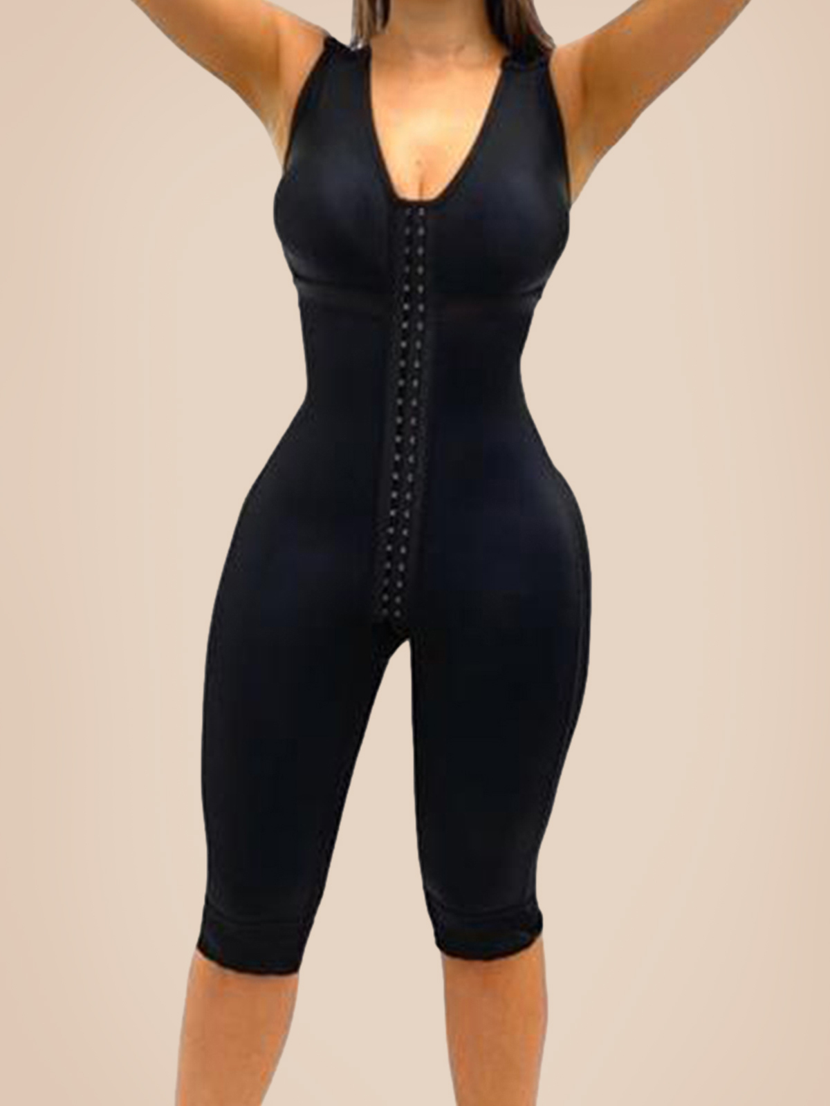 V Neck Sleeveless Knee Length Shapewear With Bra And Wide Shoulder Straps ButtLifting Bodysuit