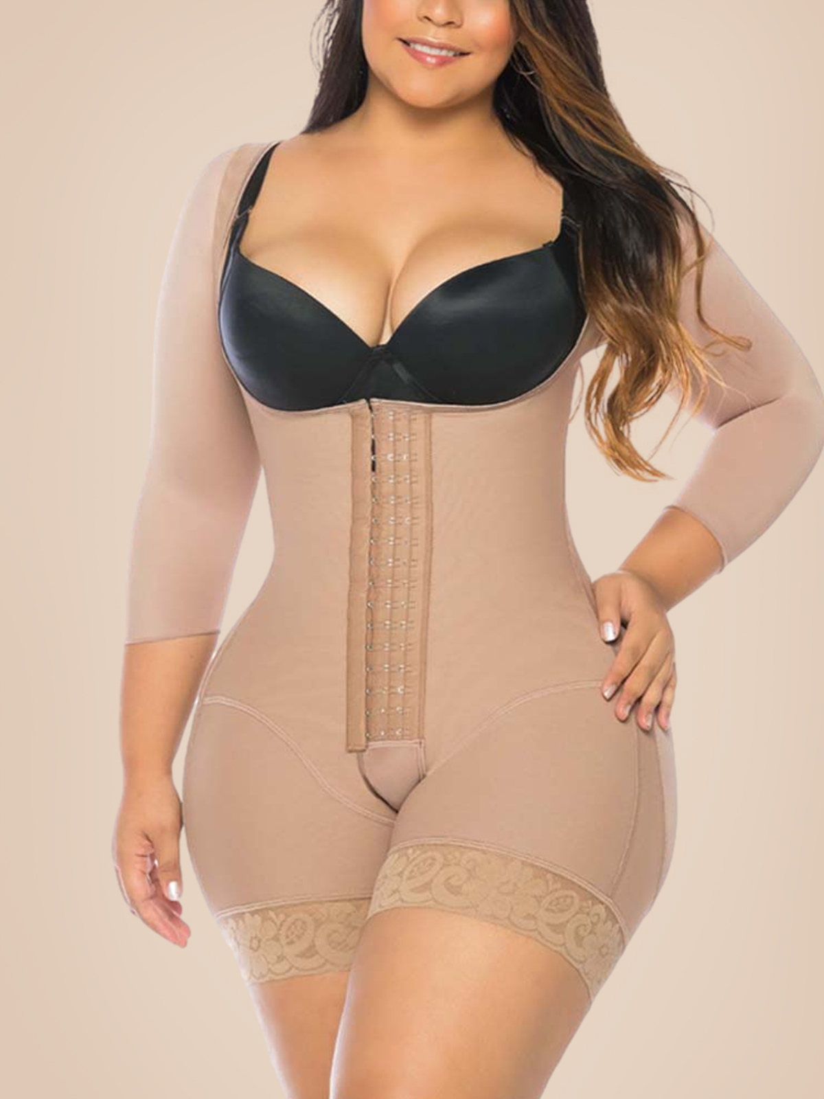 Women's Shapewear Hook And Eye Closure Breast Support Tummy Control Long Sleeve Triangle  Bodysuit Bodyshaper