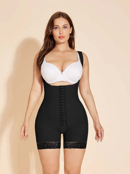 Open Bust Compression Shapewear Slimming Tummy Tuck Faja with Zipper - Black