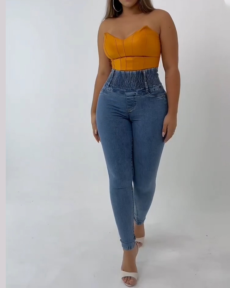 Curved Color Block Wide Waist Stretch Jeans