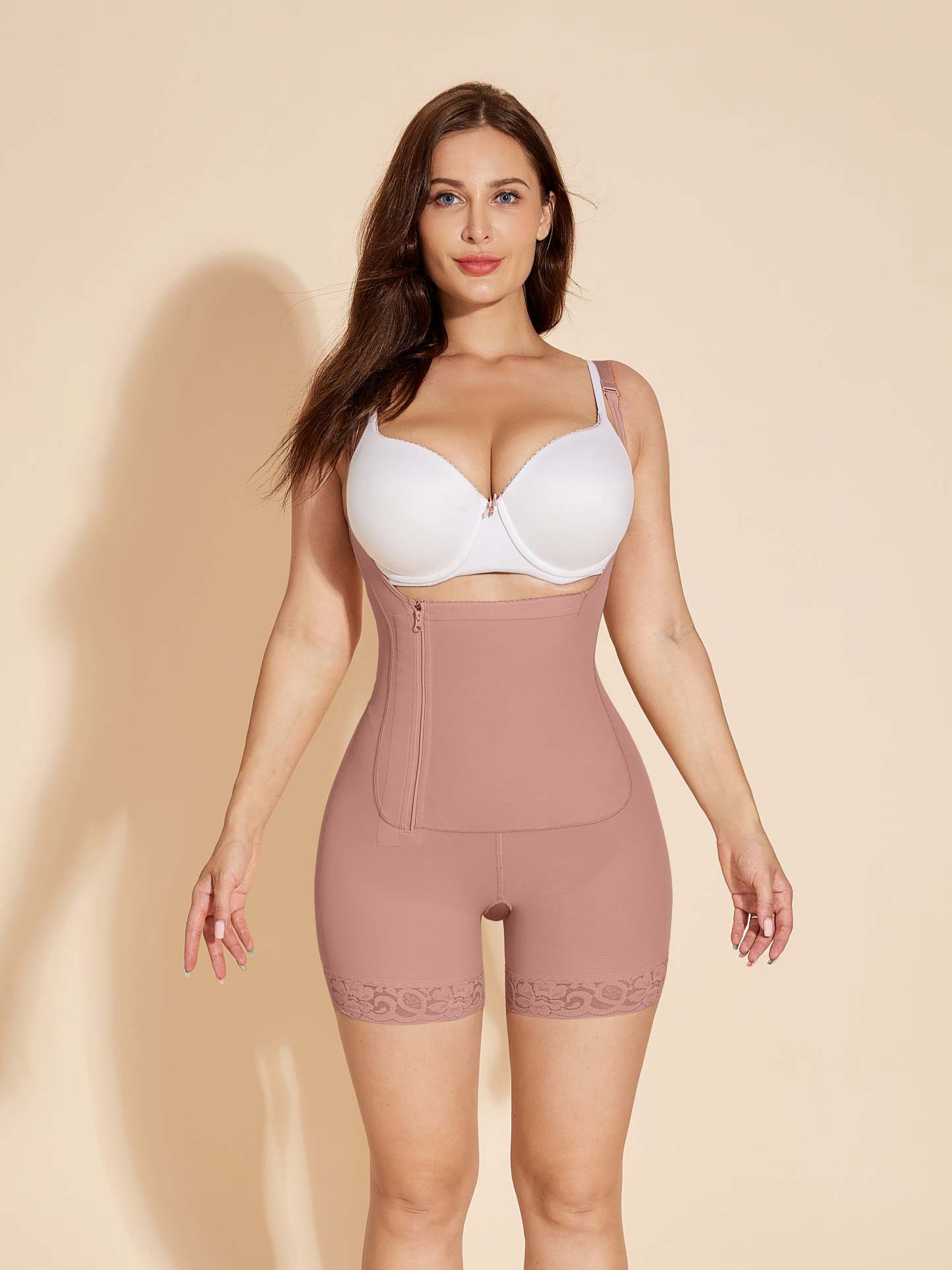 Side Zipper Closure Women Shapewear Butt Lifting Body Shaper - RosyBrown