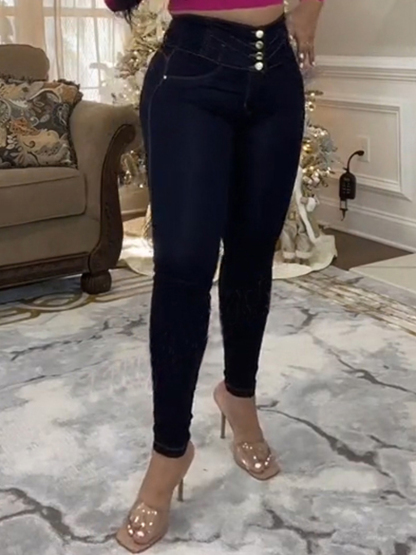 High Rise Curved Button Breasted Slimming Functional Skinny Jeans