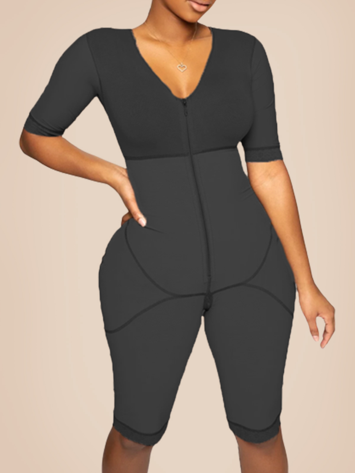 Full Body Bipper Bodysuit With Sleeves Onepiece Postpartum Shapewear
