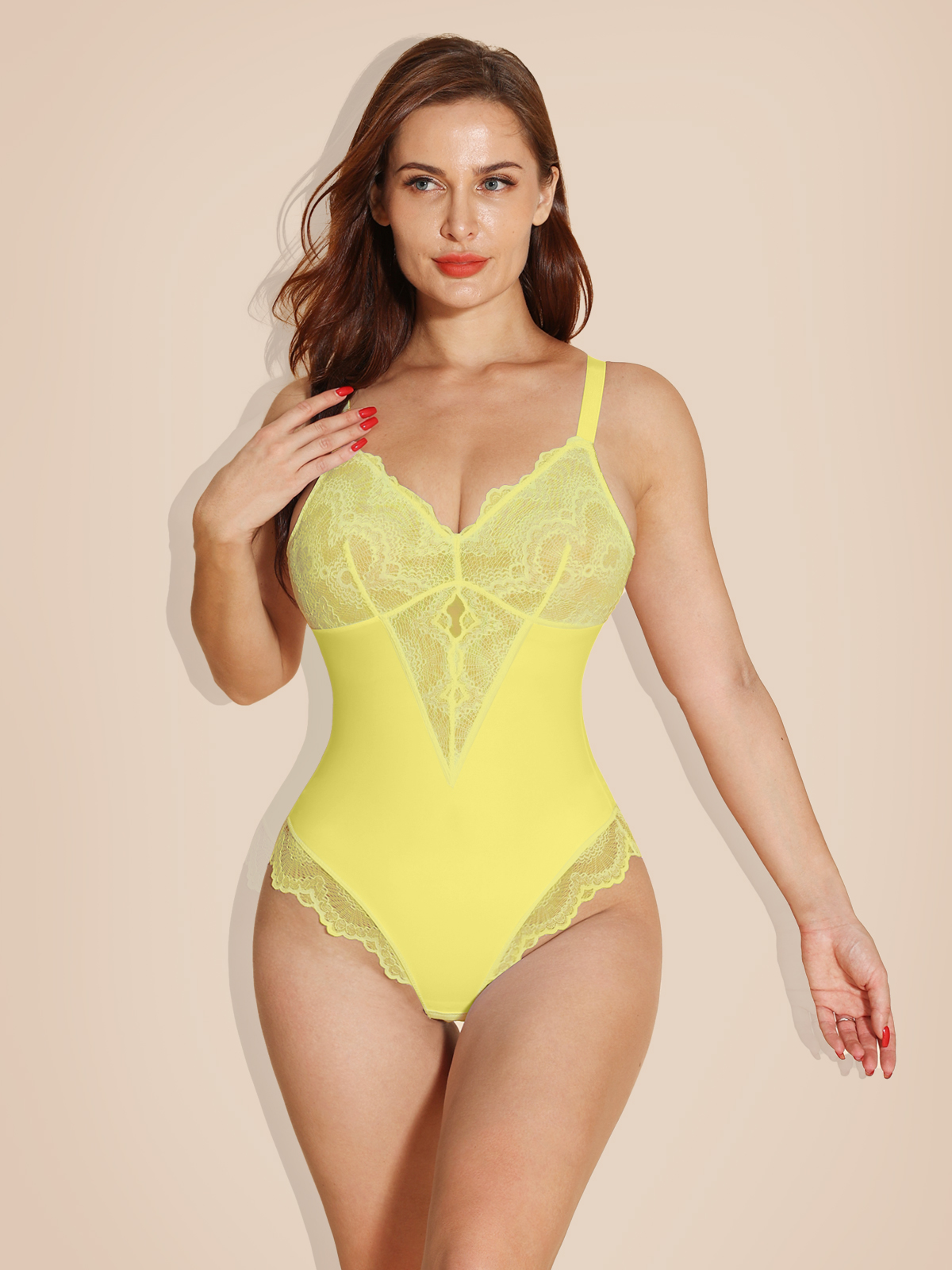 Lace Shapewear V-neck Bodysuit Tummy Control Backless Body Shaper - Black Ref10056