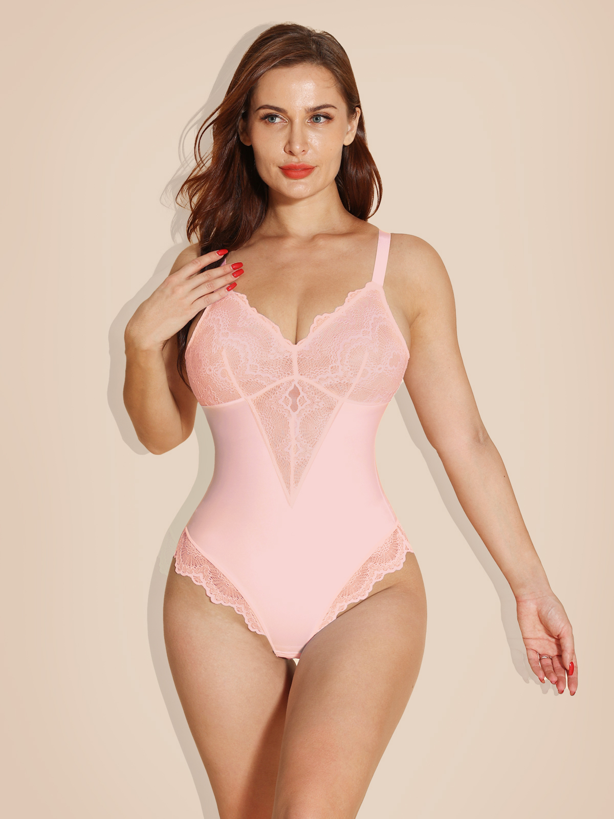 Lace Shapewear V-neck Bodysuit Tummy Control Backless Body Shaper - Black Ref10056