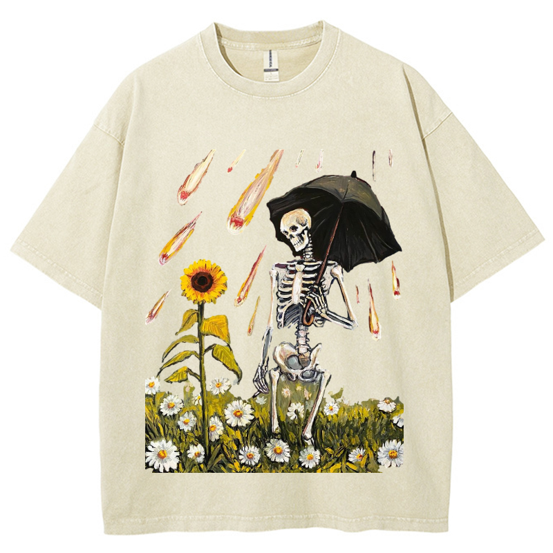 Sunflower Skull Unisex Vintage Wash Denim T-Shirts