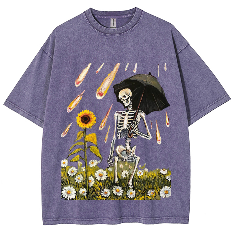 Sunflower Skull Unisex Vintage Wash Denim T-Shirts