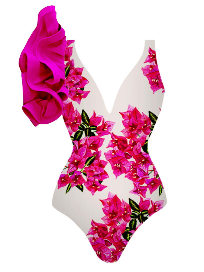 Bougainvillea print one-piece swimsuit and cover-up
