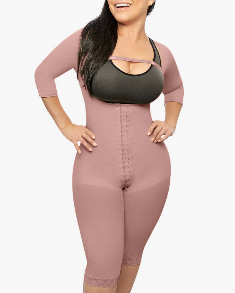 Hook-eye Shapewear Bodysuit With Sleeves Knee Length Compression Garment With Removable Strap