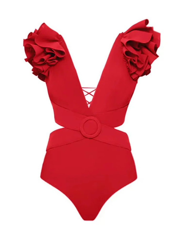 Deep V Red Cutout One Piece Swimsuit and Skirt