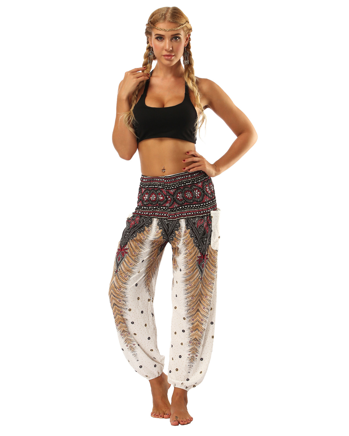 Indonesian Style Printed Bloomers High Waist Pocket Yoga Pants