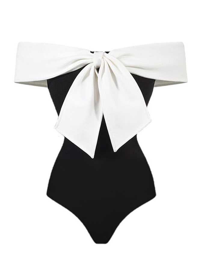 Fashion Solid Color Bow One Piece Swimsuit