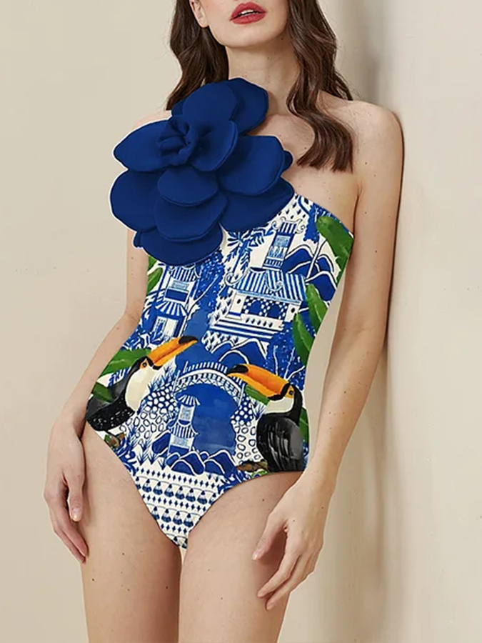 Fashion Print One Shoulder One Piece Swimsuit