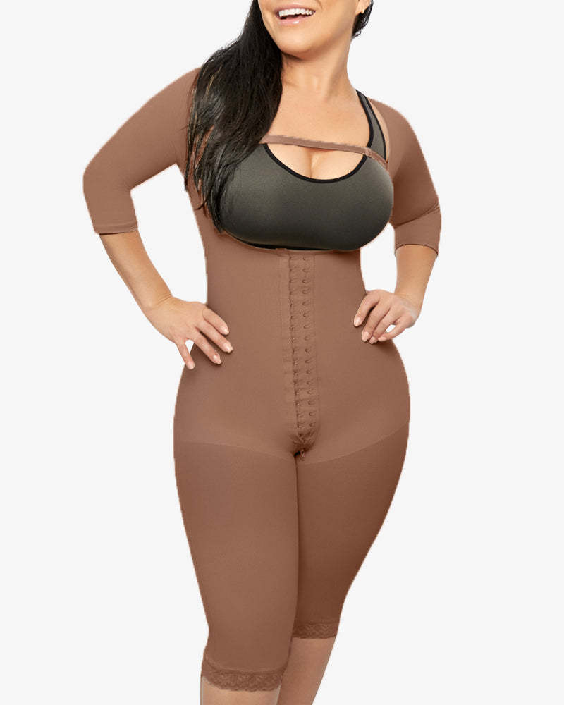 Hook-eye Shapewear Bodysuit With Sleeves Knee Length Compression Garment With Removable Strap