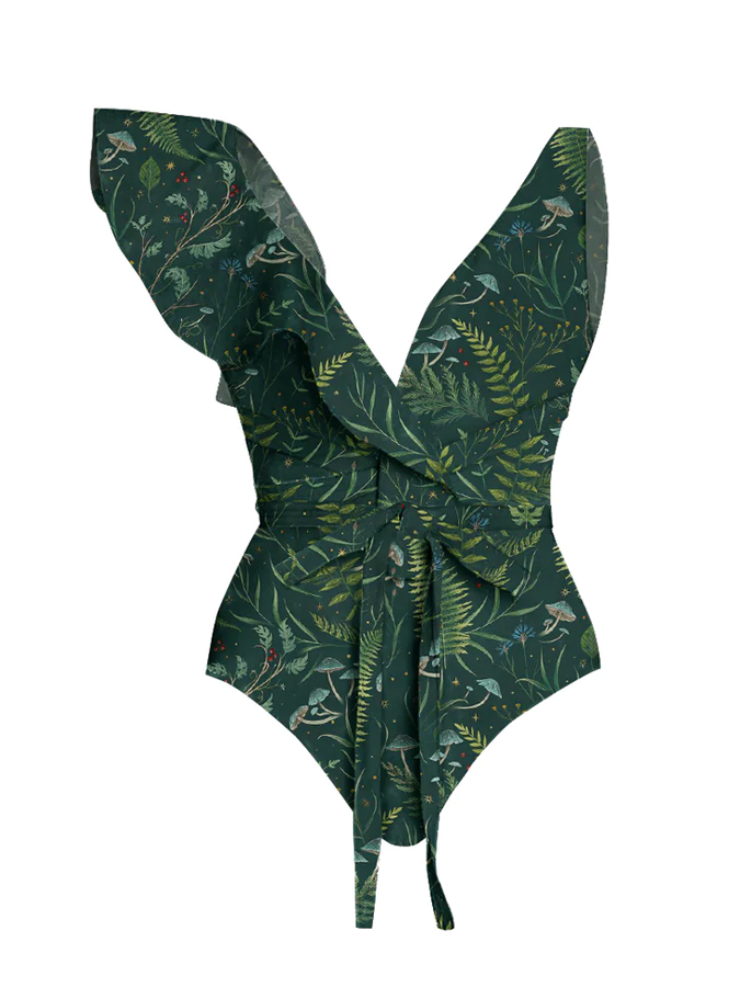 Wonderland Forest Printed Ruffle V-Neck Belt Backless One Piece And Cover up