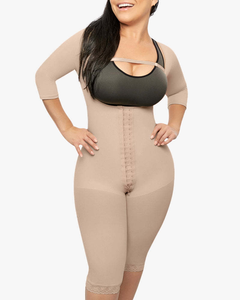 Hook-eye Shapewear Bodysuit With Sleeves Knee Length Compression Garment With Removable Strap