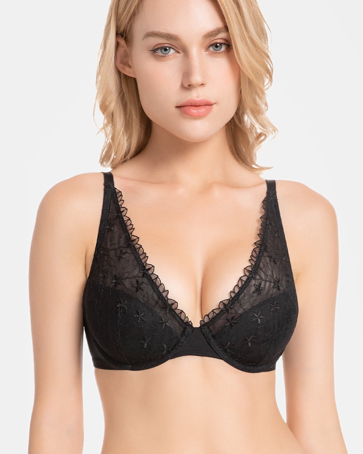 Padded Push up Bralette Plunge Embroidered Underwire