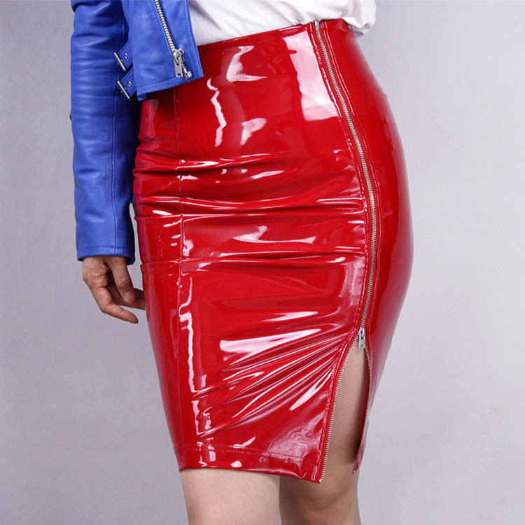 PU Leather High Waist Side Zipper Slit Slim Skirt