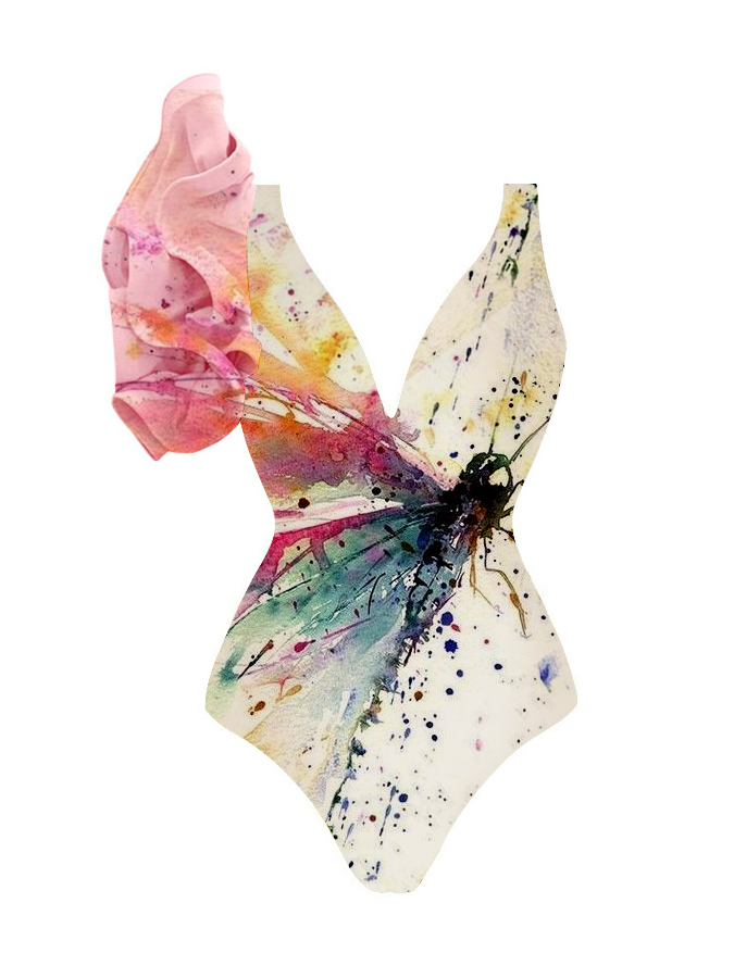 Watercolor Dragonfly Print One SHoulder Ruffle One-Piece Swimsuit And Cover up