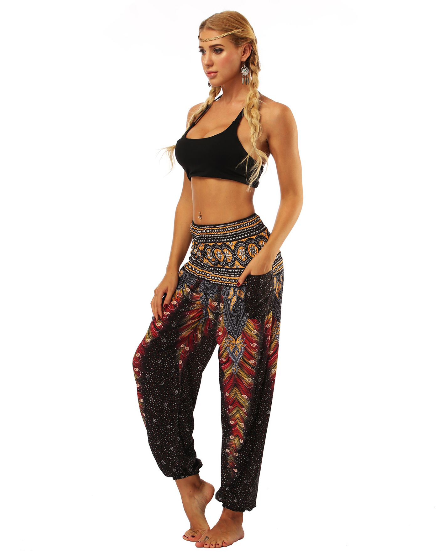 Indonesian Style Printed Bloomers High Waist Pocket Yoga Pants