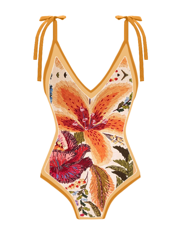 Vintage Colorblock Floral Print One-Piece Swimsuit Set